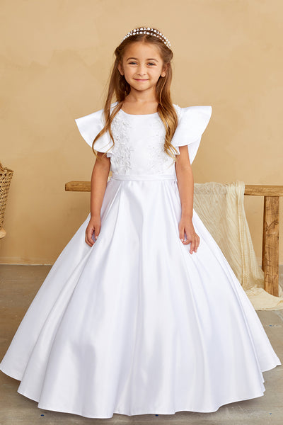 Girls Floor Length Satin Lace Communion Flower Girl Dress With Train