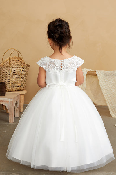 Girls Flower Girl 1st Communion Dress With Lace Illusion Neckline Mesh Skirt