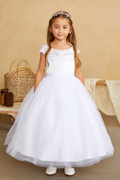 Girls Flower Girl 1st Communion Dress With Lace Illusion Neckline Mesh Skirt