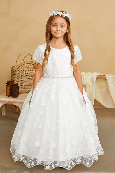 Girls Beautiful 3D Floral Beaded Pearl Lace Communion Flower Girl Dress