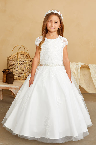 Girls Flower Girl 1st Communion Lace Dress With Cap Sleeves And Tulle Skirt 