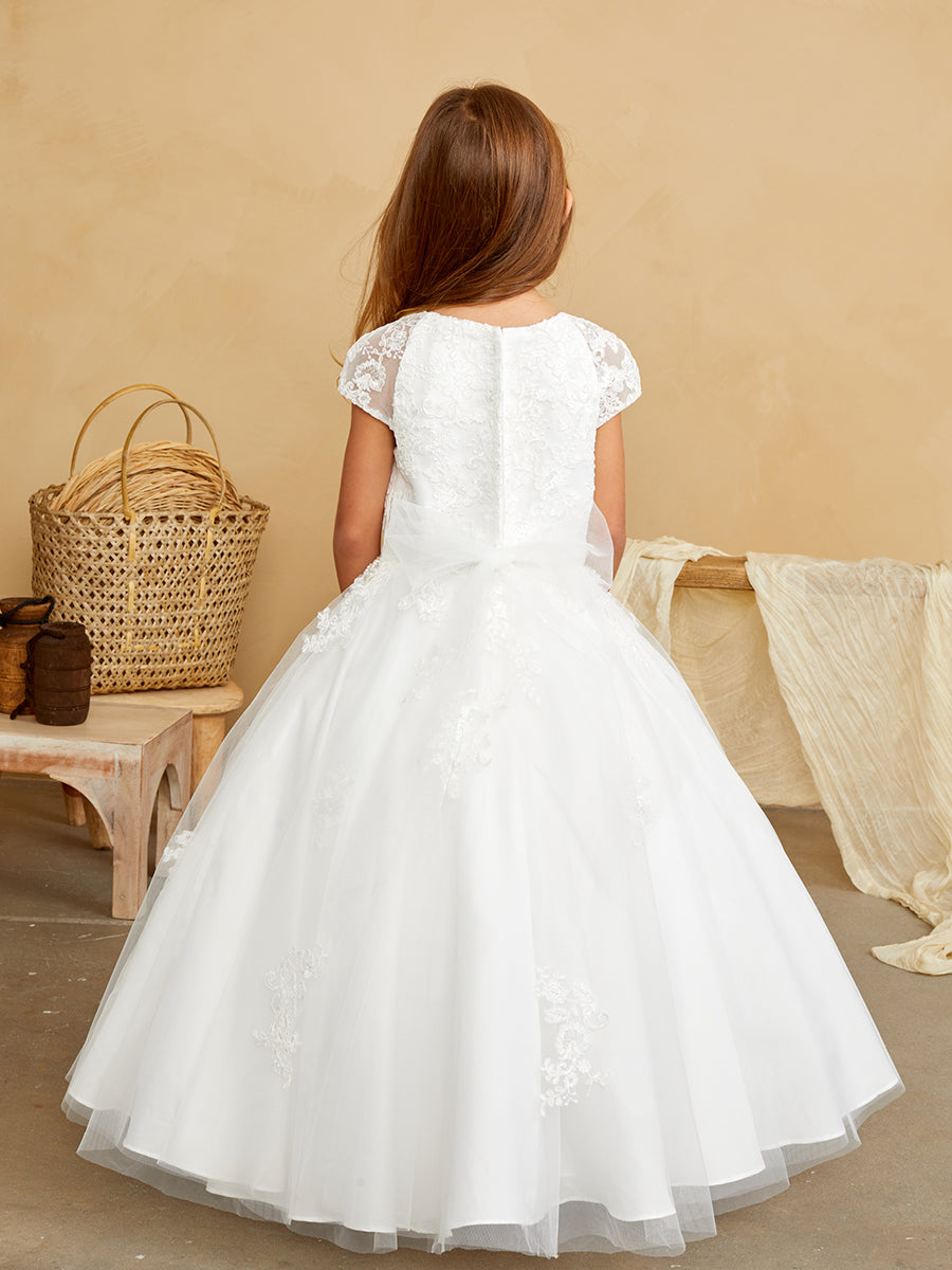 Girls Flower Girl 1st Communion Lace Dress With Cap Sleeves And Tulle Skirt 
