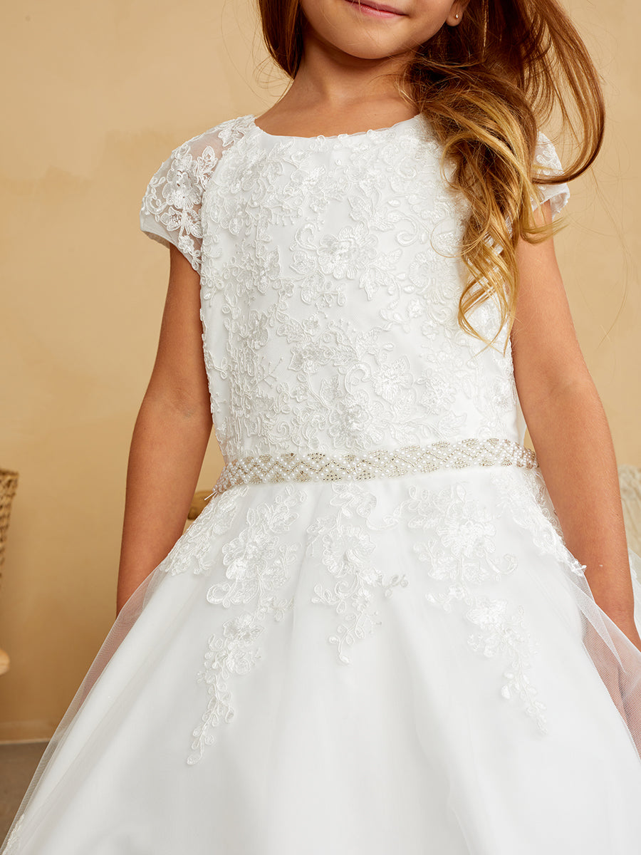 Girls Flower Girl 1st Communion Lace Dress With Cap Sleeves And Tulle Skirt 