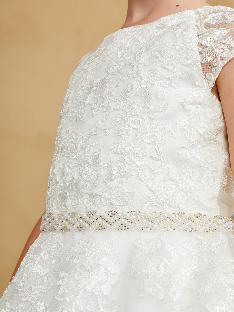 Girls Flower Girl 1st Communion Lace Dress With Cap Sleeves And Tulle Skirt 