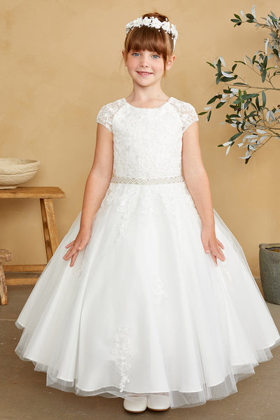 Girls Flower Girl 1st Communion Lace Dress With Cap Sleeves And Tulle Skirt 