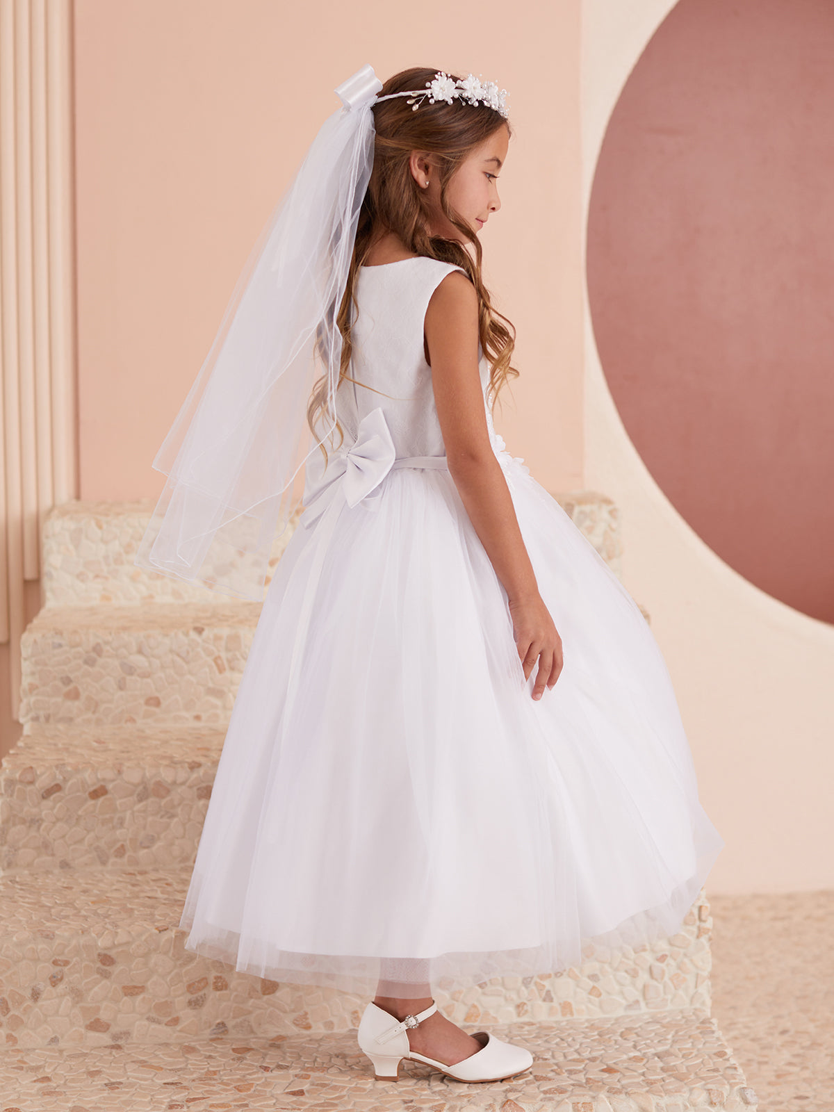  Elegant 3D Lace Tulle Tea Length First Communion Dress for Girls