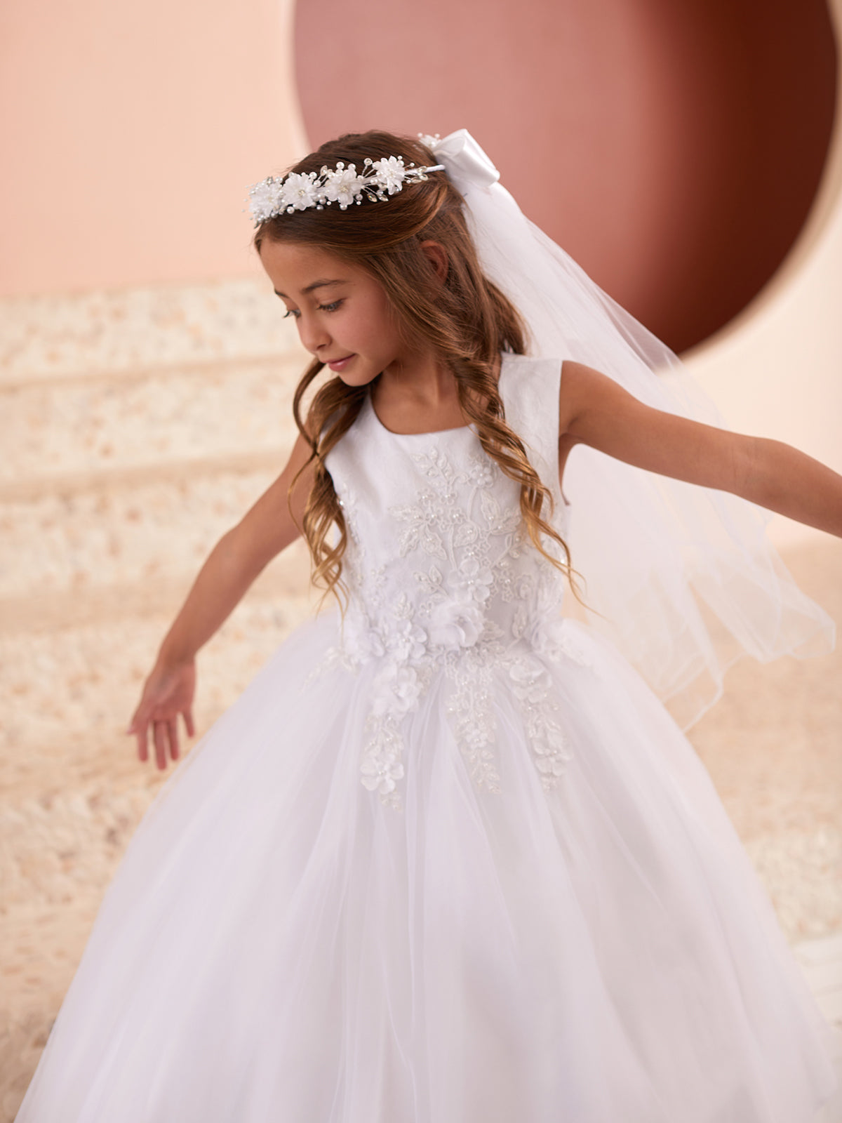  Elegant 3D Lace Tulle Tea Length First Communion Dress for Girls