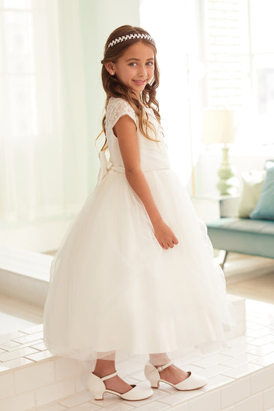 Shop Tea Length Tulle Communion Dresses With Chic Ruched Bodice