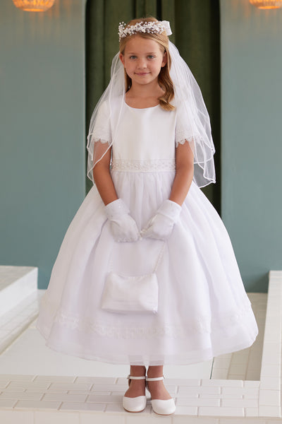 Lace-Adorned Satin Tulle Dress for Communion and Flower Girls