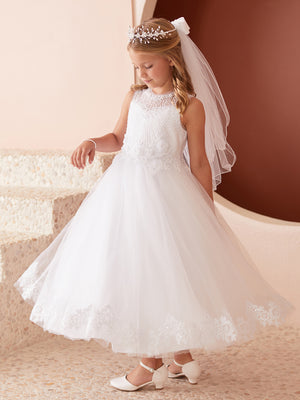 White Illusion Neckline Lace Communion Dress for Girls