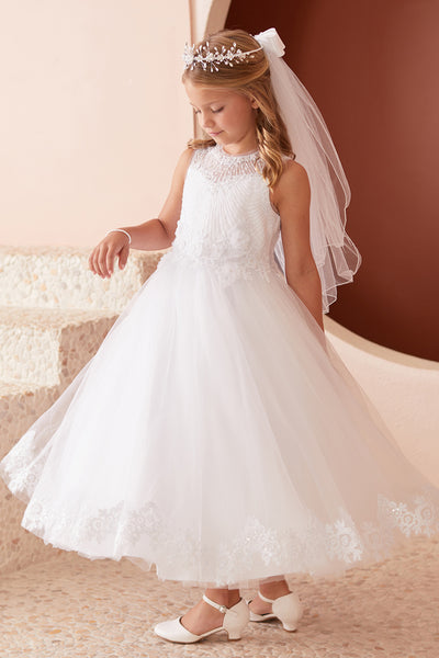 White Illusion Neckline Lace Communion Dress for Girls