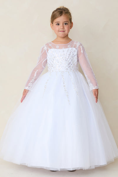 Charlotte Bloom Communion Dress – Elegant Long-Sleeve Lace Gown