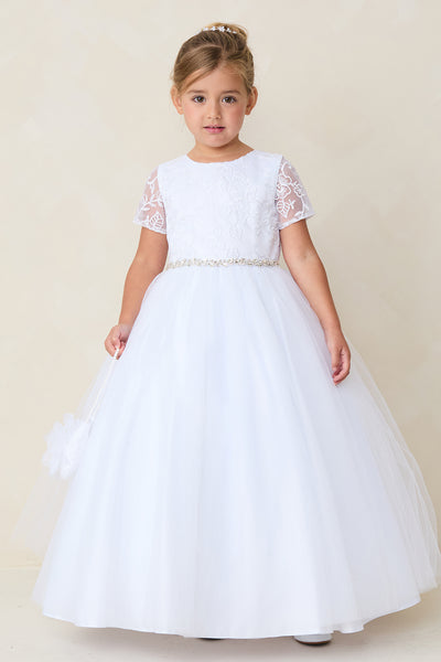 Kaylee Communion Dress - Elegant Lace & Tulle with Crystal Belt