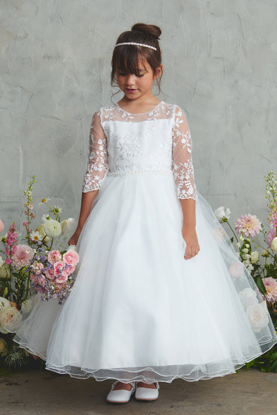 Gemma Communion Dress - Lace Mesh Gown with Pearl Accents