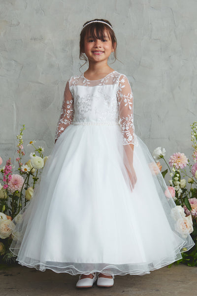Gemma Communion Dress - Lace Mesh Gown with Pearl Accents