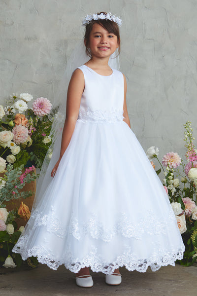 White Lace Ankle-Length Communion Dress for Girls