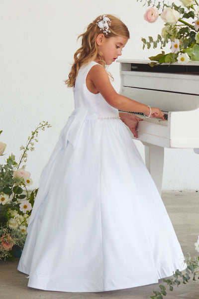 White Satin Flower Girl Dress with Bow – Lily Belle
