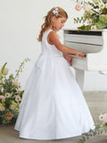 White Satin Flower Girl Dress with Bow – Lily Belle