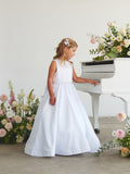 White Satin Flower Girl Dress with Bow – Lily Belle