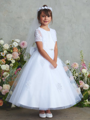 White Ankle-Length Communion Dress with Bow | Girls Special Occasion