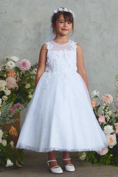 Girls White Lace Communion Dress – Ankle Length Special Occasion