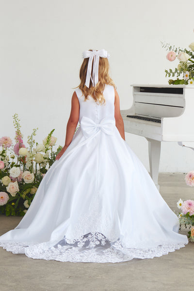 Satin Communion Dress with Lace Appliqué & Bow Back