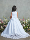 Satin Communion Dress with Lace Appliqué & Bow Back