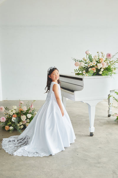 Satin Communion Dress with Lace Appliqué & Bow Back