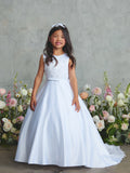 Satin Communion Dress with Lace Appliqué & Bow Back