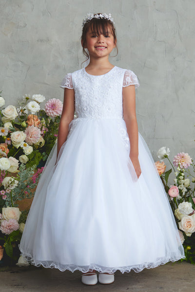 Lily Petal Lace Communion Dress – White