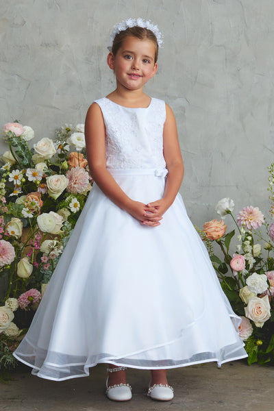 Satin Bodice with Lace Applique and Split Organza Skirt with Satin Bias Edge