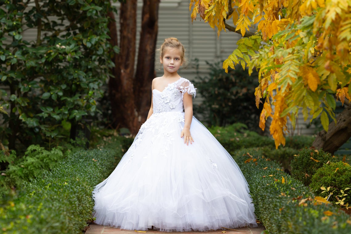 One Shoulder 3D Lace Communion Pageant Flower Girl Baptism Gown