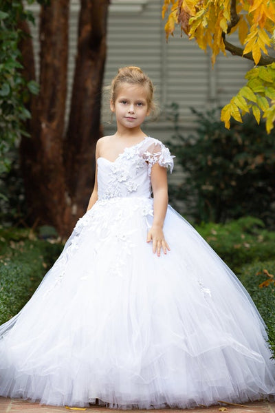 One Shoulder 3D Lace Communion Pageant Flower Girl Baptism Gown