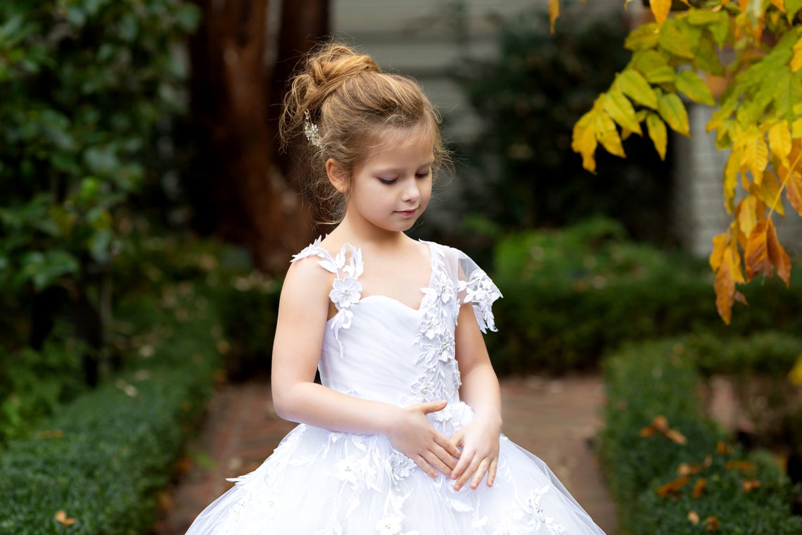 One Shoulder 3D Lace Communion Pageant Flower Girl Baptism Gown