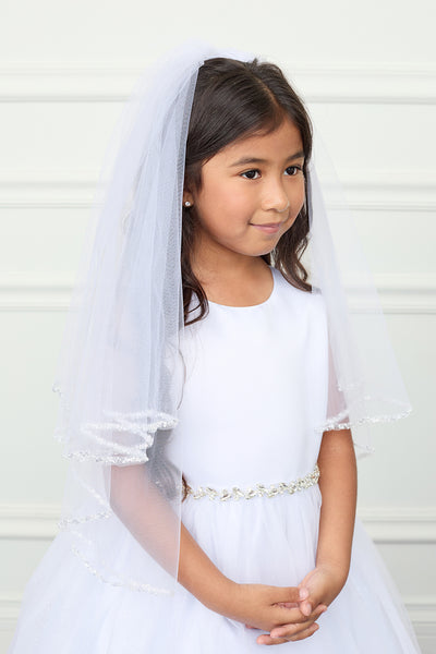 Girls Communion Veil with Beaded Edge White