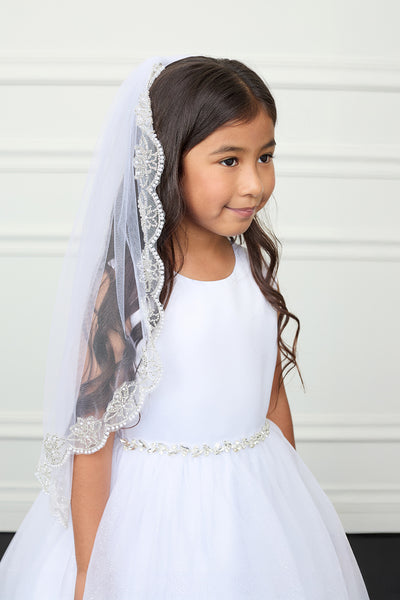Girls Communion Veil with Lace Scalloped Edge White