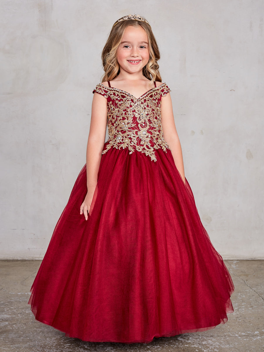 Girls Gorgeous Off The Shoulder Pageant Dress With Lace Applique