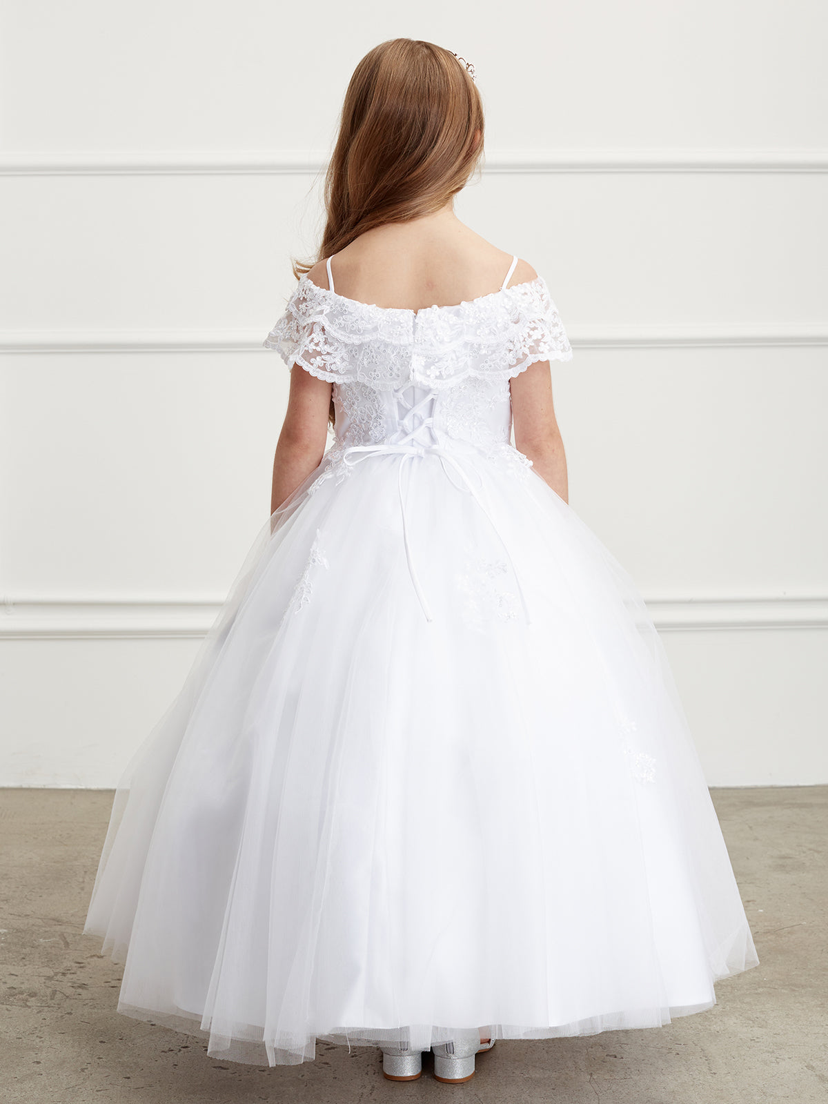 Off The Shoulder Communion Flower Girl Pageant Floral Lace Dress
