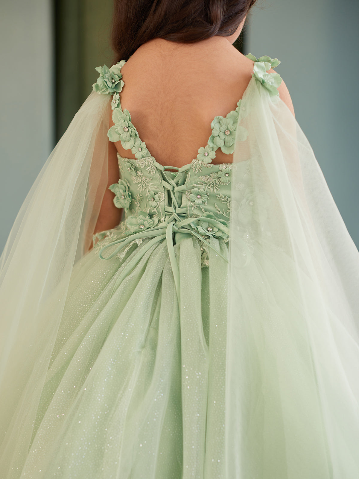 Elegant 3D Floral Lace Tulle Dress for Flower Girls & First Communion