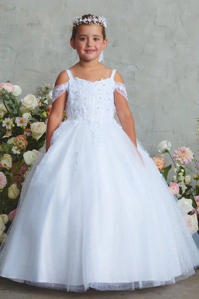 Girls Off Shoulder Pageant Dress Glitter Tulle Gown