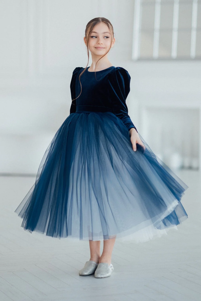 Velvet Tulle Flower Girl Dress - Natalia Girls Midi Length Dress