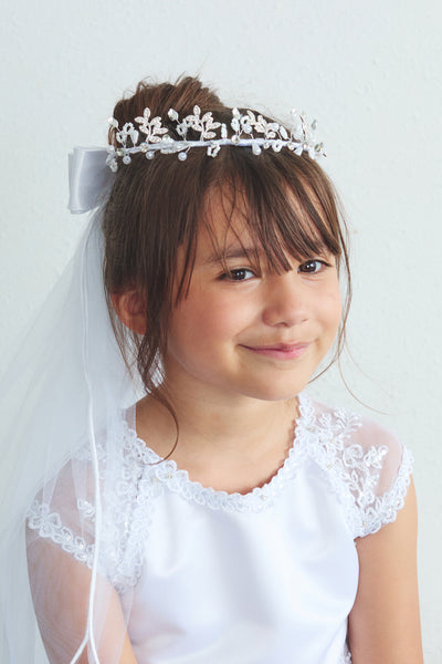 Communion Veil Crown Crystal Floral Headpiece