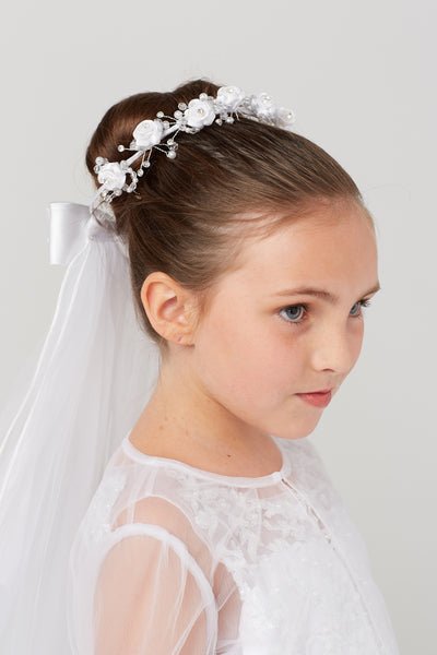 Nova Floral Bun Crown with Veil – Elegant Communion Accessory