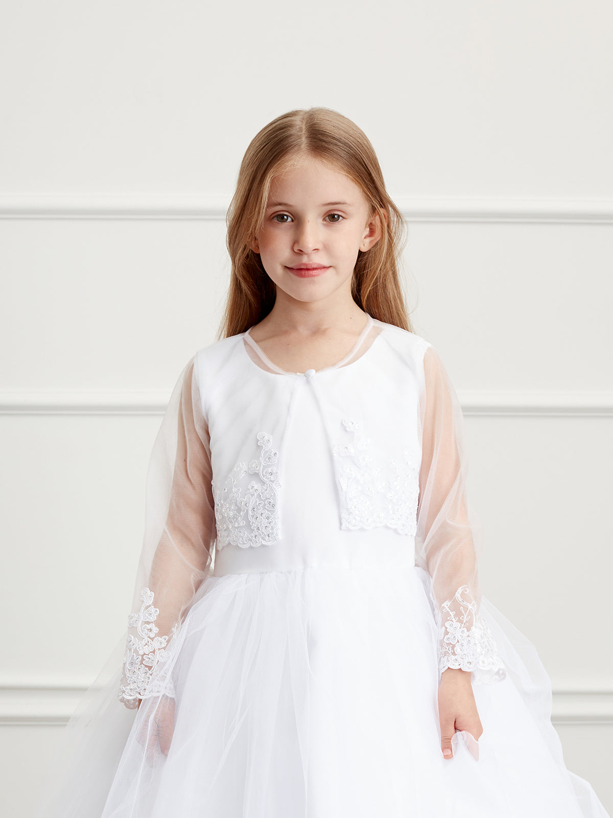 Girls Soft Mesh Organza Lace Bolero Long Sleeves Jacket 