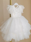 Couture Christening Short Lace Dress with Ruffled Tulle Sleeves