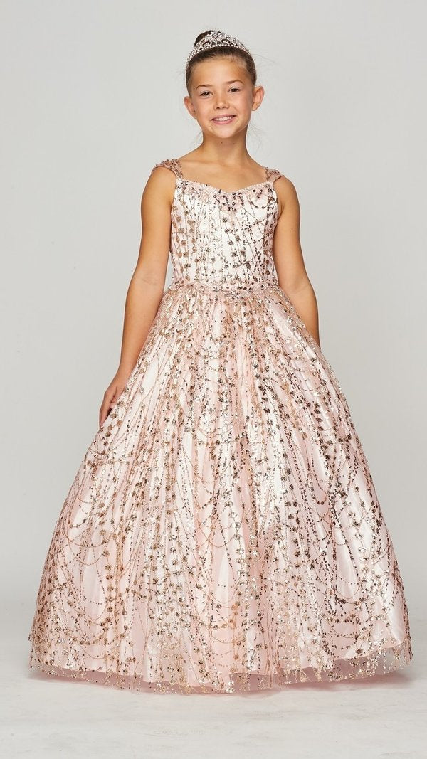 Stunning Blush Luxury Couture Metallic Glitter Girls Pageant Dress
