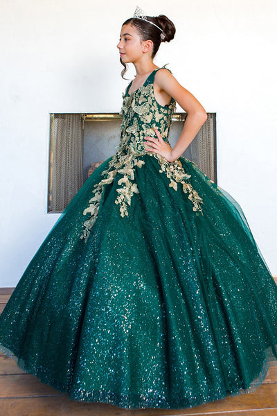 Gelina Girls Metallic 3D Floral Embroidered Glitter Pageant Gown