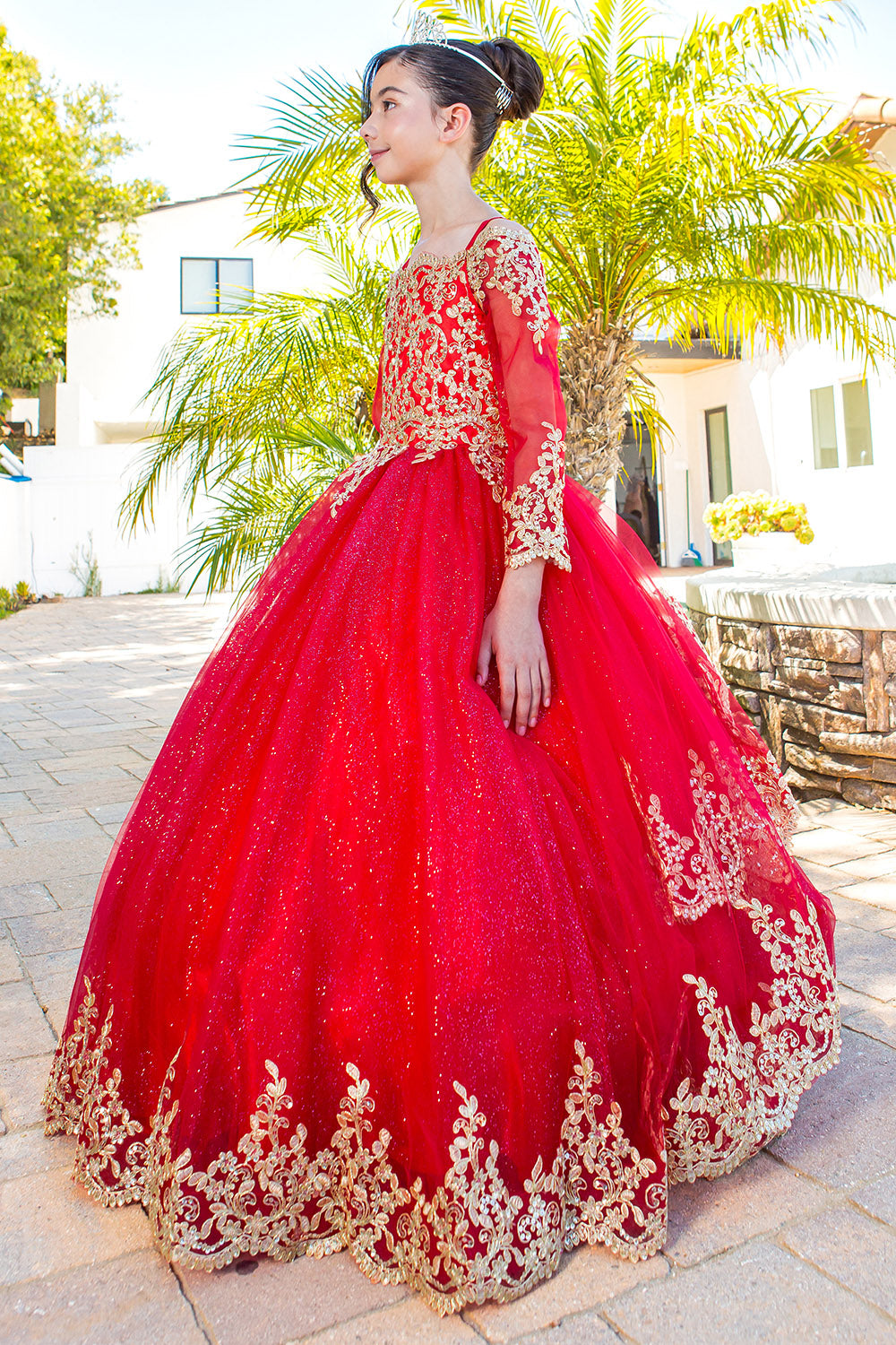 Girls 3D Floral Crystal Beaded Glitter Tulle Pageant Mini Quince Ball Gown