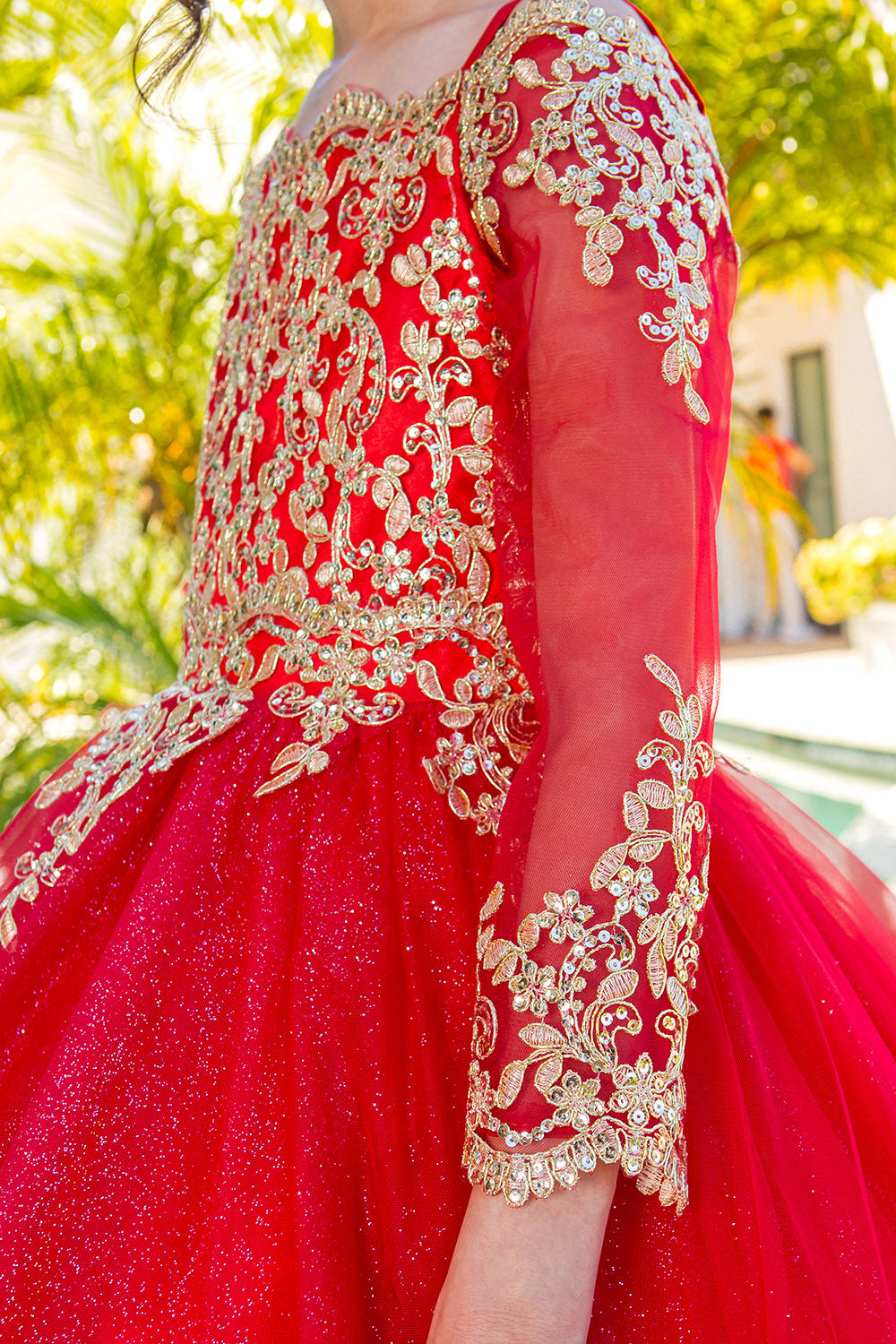 Girls 3D Floral Crystal Beaded Glitter Tulle Pageant Mini Quince Ball Gown