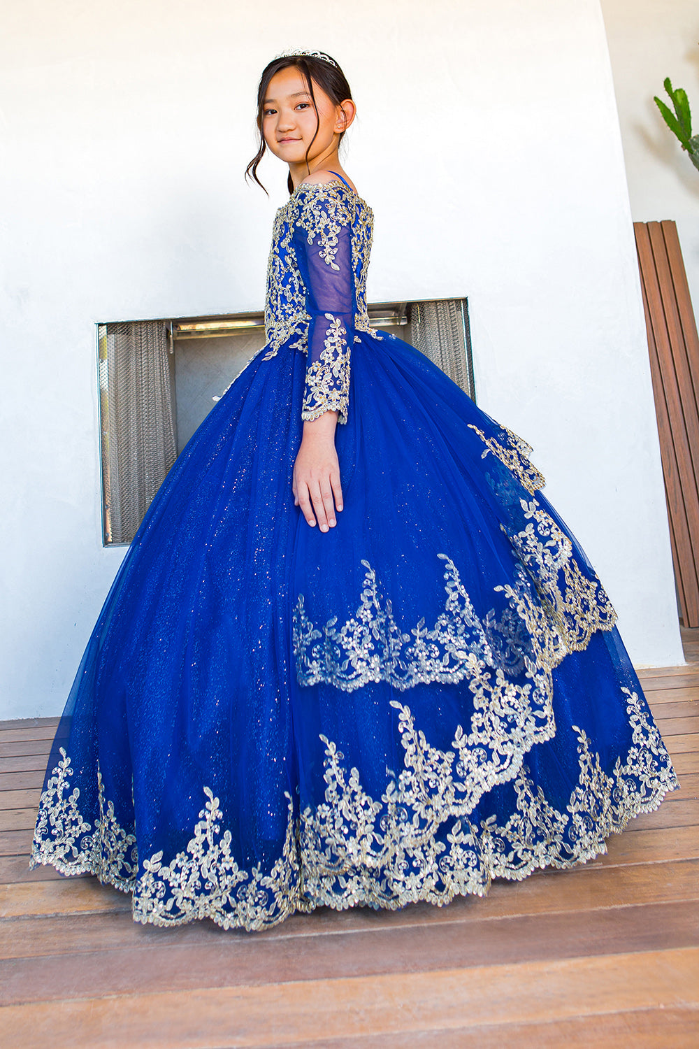 Girls 3D Floral Crystal Beaded Glitter Tulle Pageant Mini Quince Ball Gown